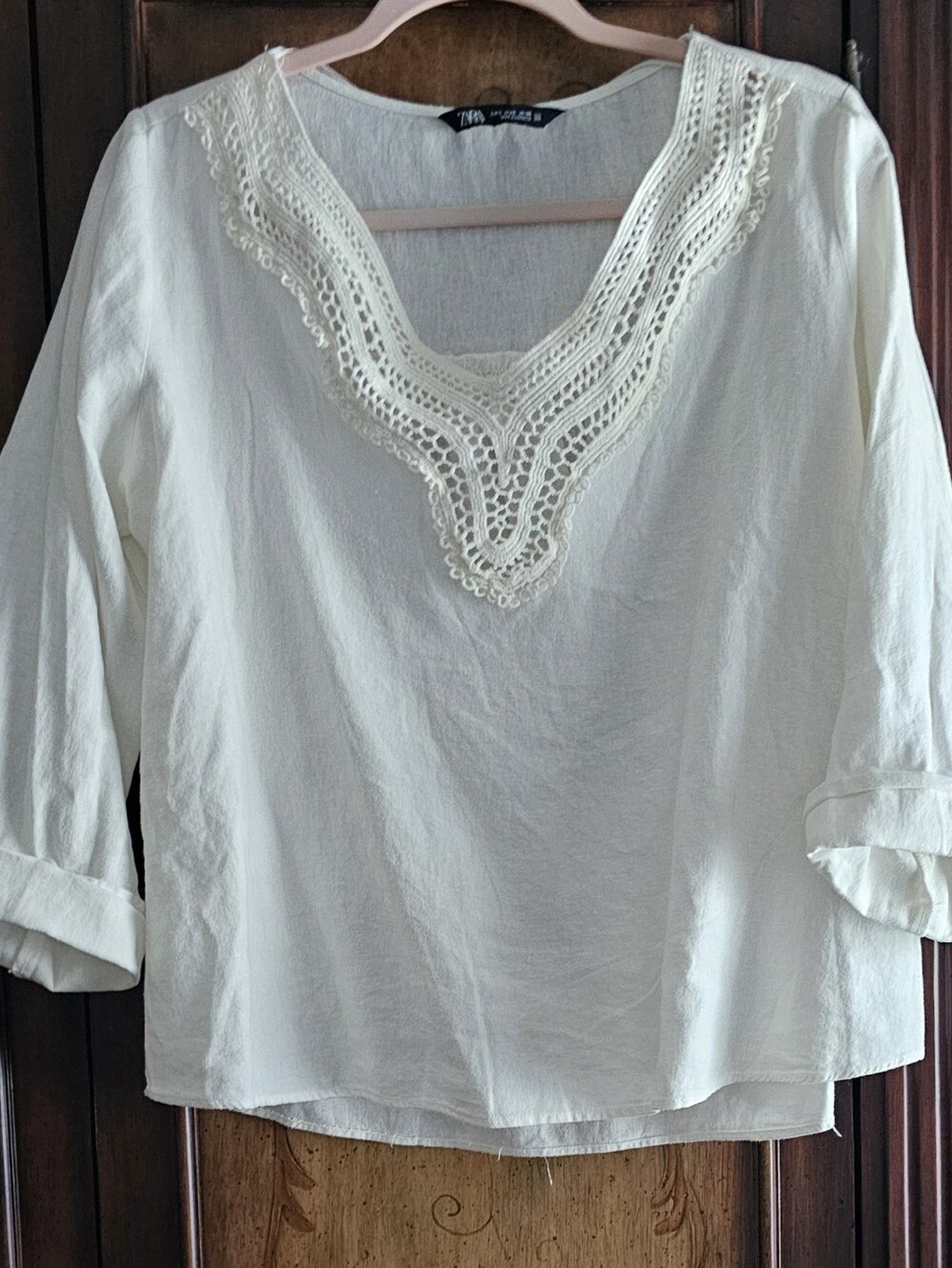 Zara White Linen Shirt With Lace Trim. Oversized S.
